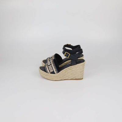 Christian Dior Navy Blue Canvas Dway Wedge Espadrille Sandals
