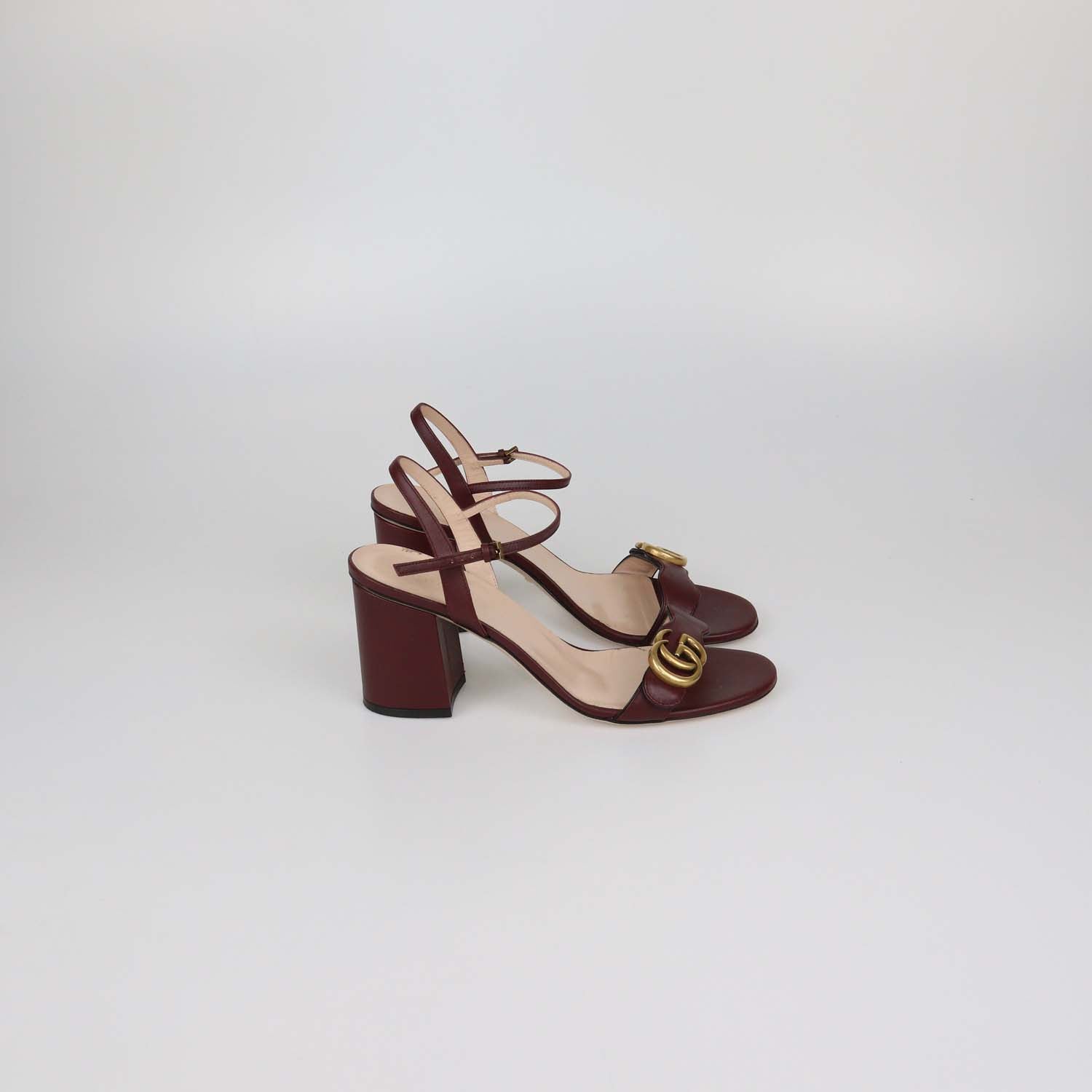Gucci Burgundy Leather GG Marmont Block Heel Ankle Strap Sandals