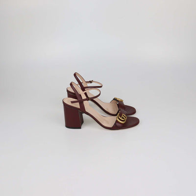 Gucci Burgundy Leather GG Marmont Block Heel Ankle Strap Sandals