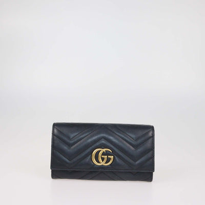 Gucci Charcoal Black Matelasse Leather GG Marmont Continental Wallet