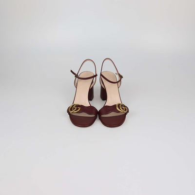 Gucci Burgundy Leather GG Marmont Block Heel Ankle Strap Sandals