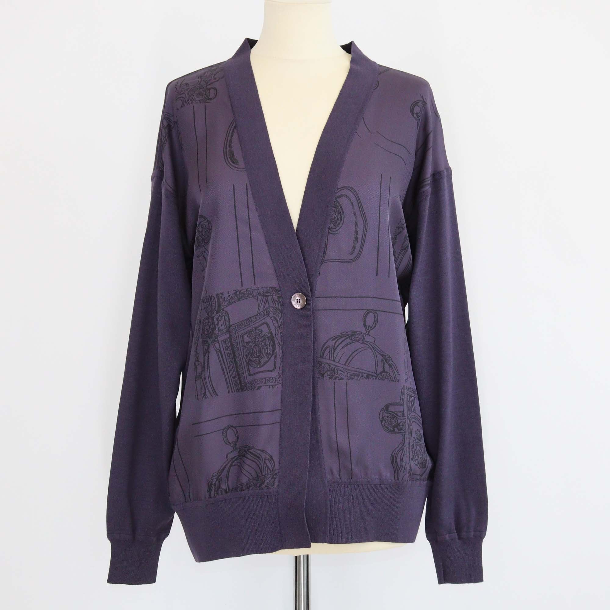 Hermes Violet Silk En Desordre Finesse Long-Sleeve Cardigan