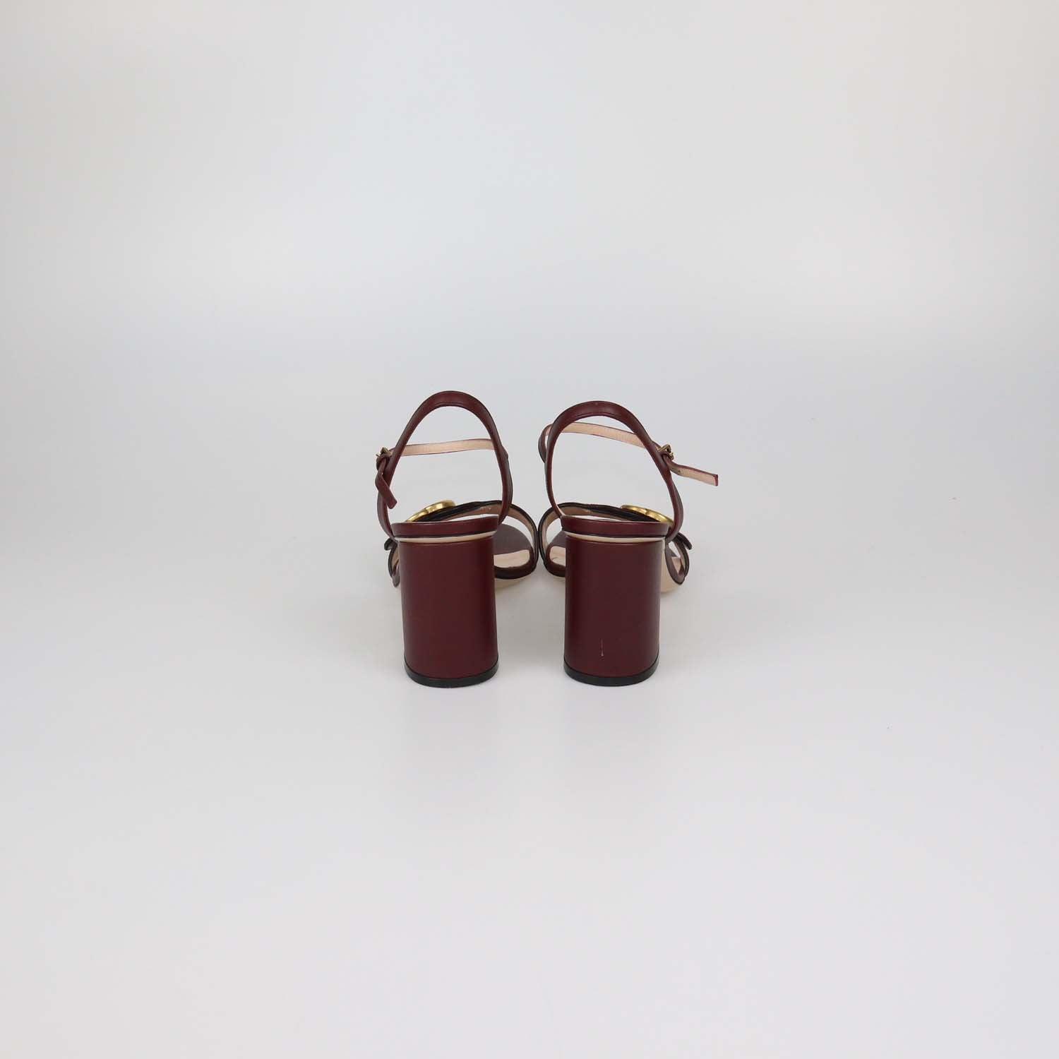 Gucci Burgundy Leather GG Marmont Block Heel Ankle Strap Sandals