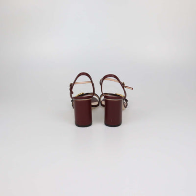 Gucci Burgundy Leather GG Marmont Block Heel Ankle Strap Sandals