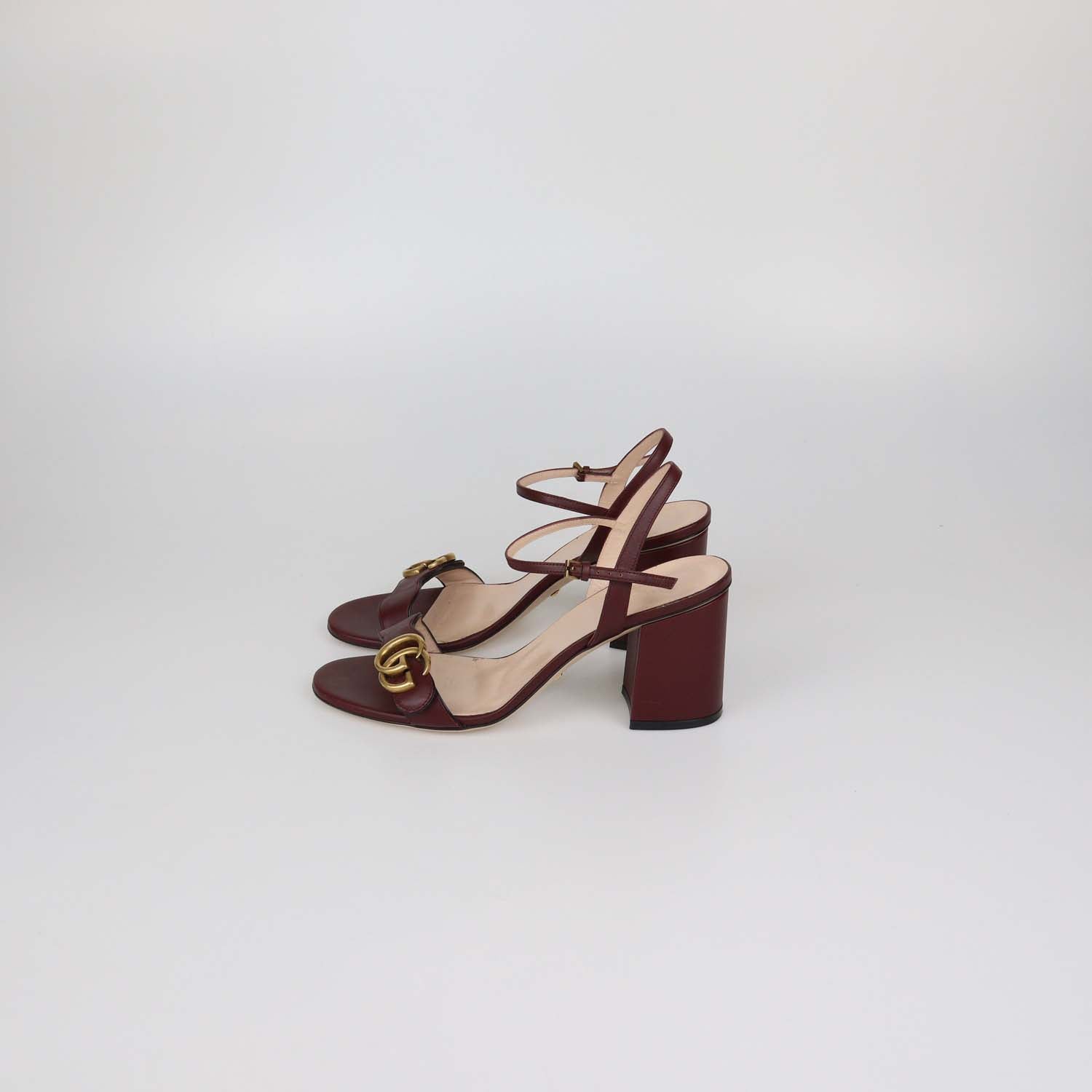 Gucci Burgundy Leather GG Marmont Block Heel Ankle Strap Sandals