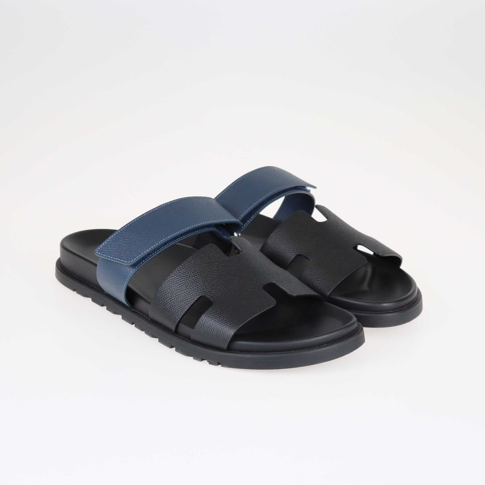 Hermes Black/Blue Celeste Epsom Chypre Sandals Shoes Hermes 