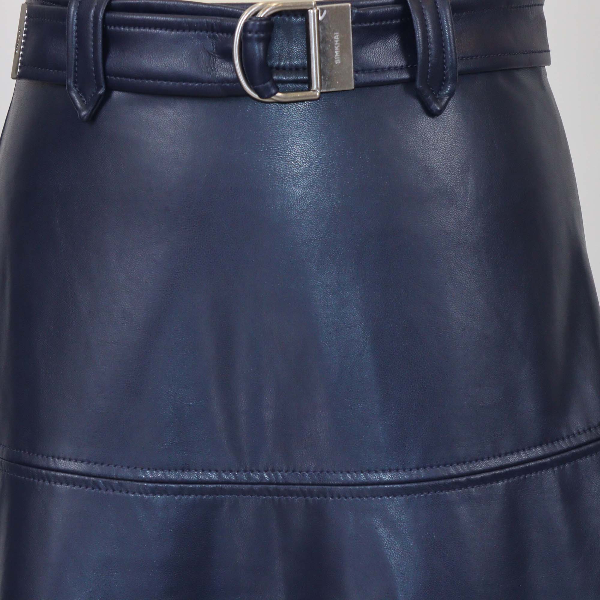 Simkhai Navy Blue Faux Leather Mayson Belted Midi Skirt