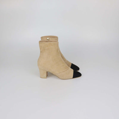 Chanel Beige, Black Suede Studded Quilted Cap Toe Ankle Boots