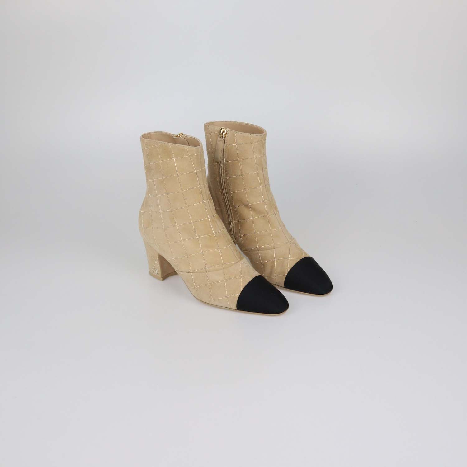 Chanel Beige, Black Suede Studded Quilted Cap Toe Ankle Boots