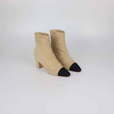 Chanel Beige, Black Suede Studded Quilted Cap Toe Ankle Boots