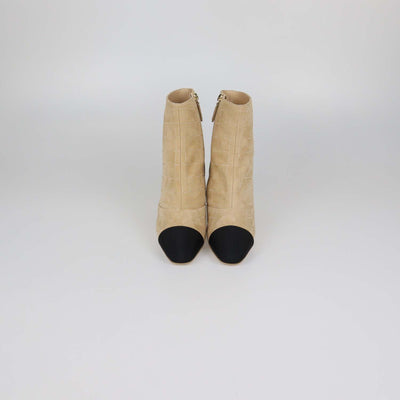 Chanel Beige, Black Suede Studded Quilted Cap Toe Ankle Boots