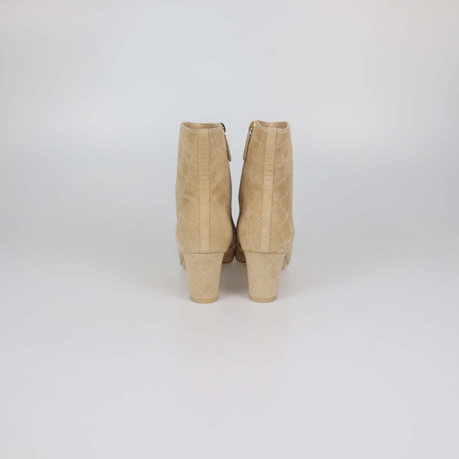Chanel Beige, Black Suede Studded Quilted Cap Toe Ankle Boots