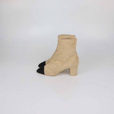 Chanel Beige, Black Suede Studded Quilted Cap Toe Ankle Boots