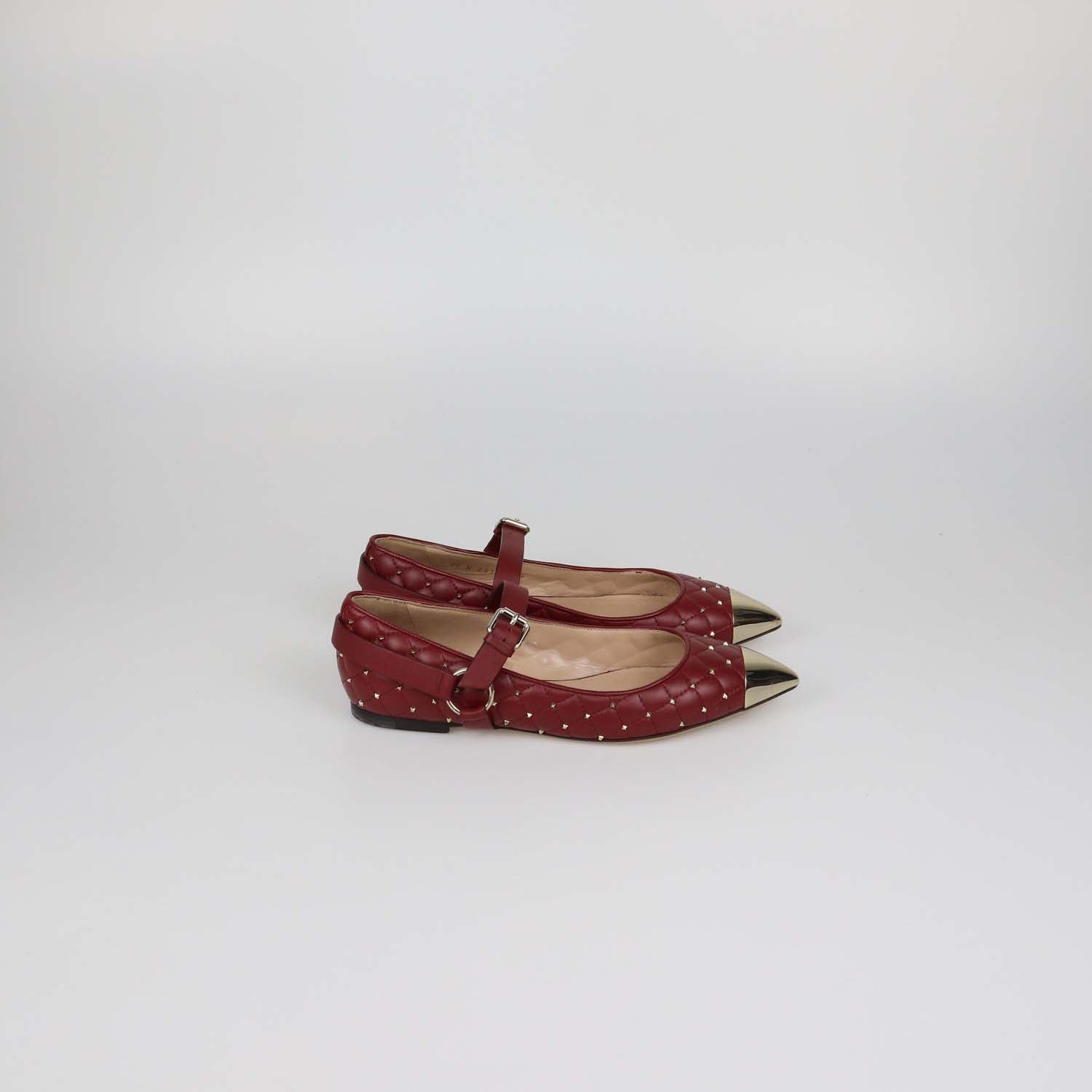 Valentino Dark Red Quilted Leather Rockstud Metal Cap Toe Ballet Flats