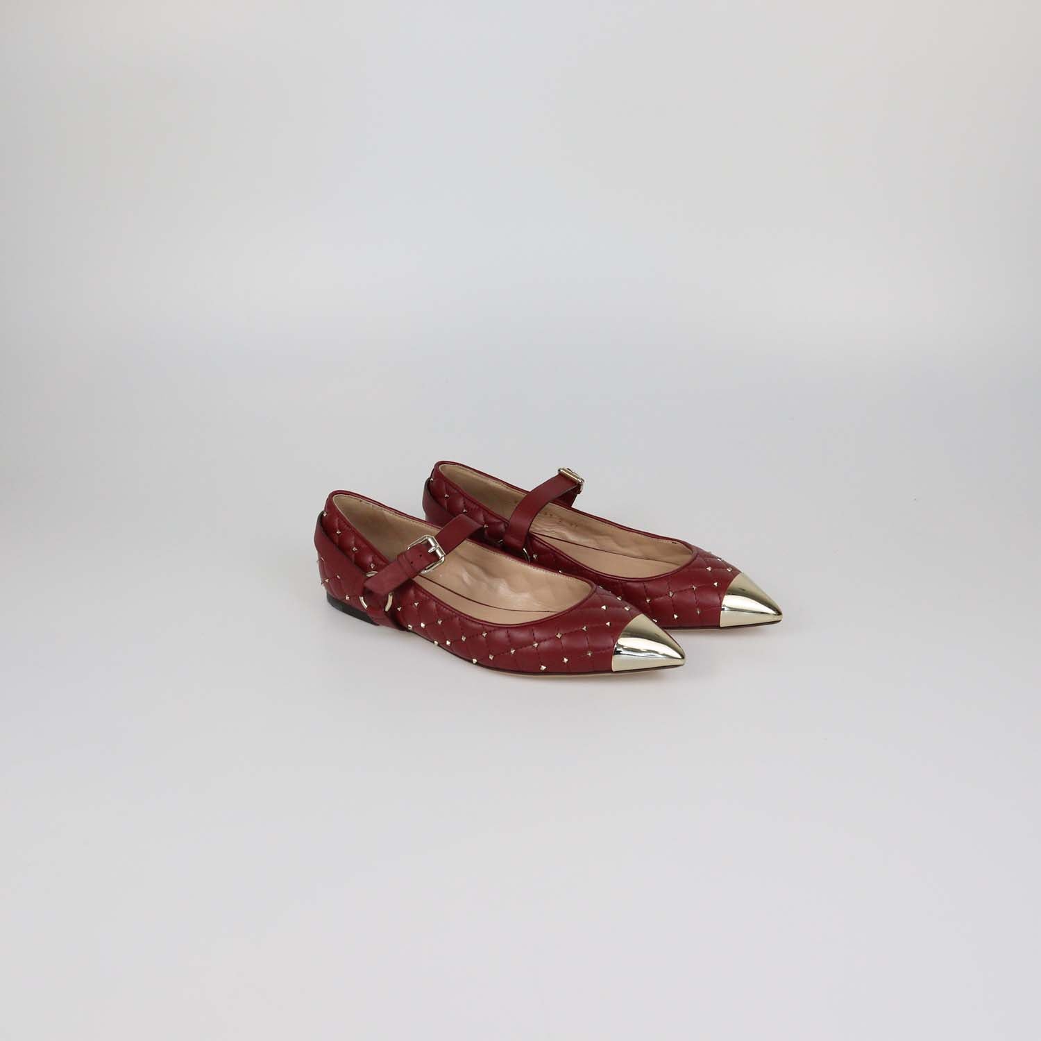 Valentino Dark Red Quilted Leather Rockstud Metal Cap Toe Ballet Flats