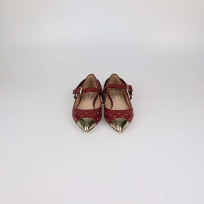 Valentino Dark Red Quilted Leather Rockstud Metal Cap Toe Ballet Flats