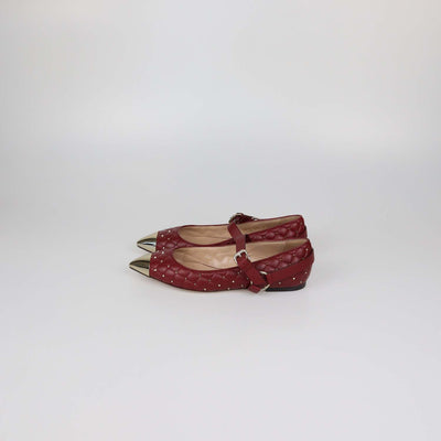 Valentino Dark Red Quilted Leather Rockstud Metal Cap Toe Ballet Flats