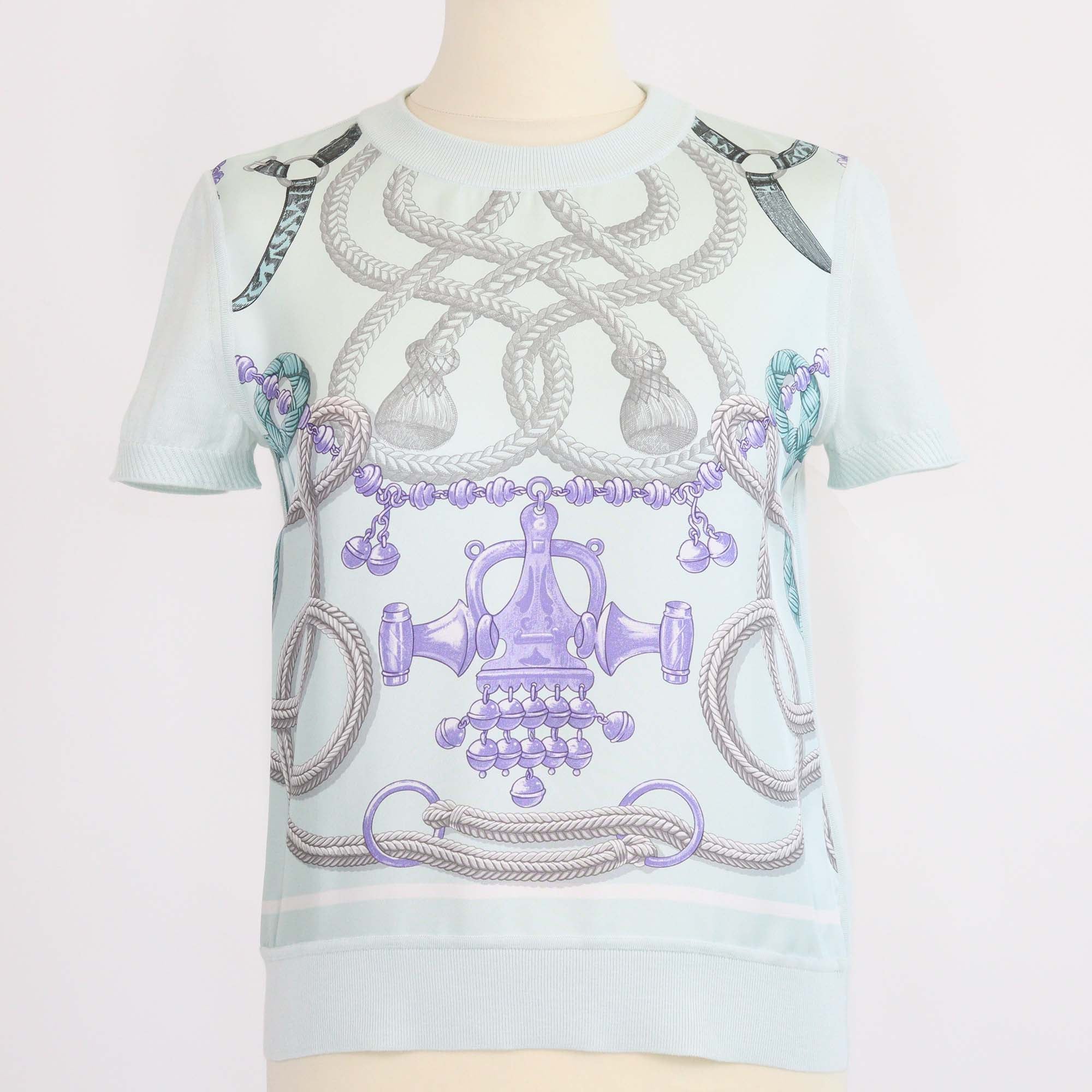 Hermes Mist Green Silk Figure Artistique Short-Sleeve Top