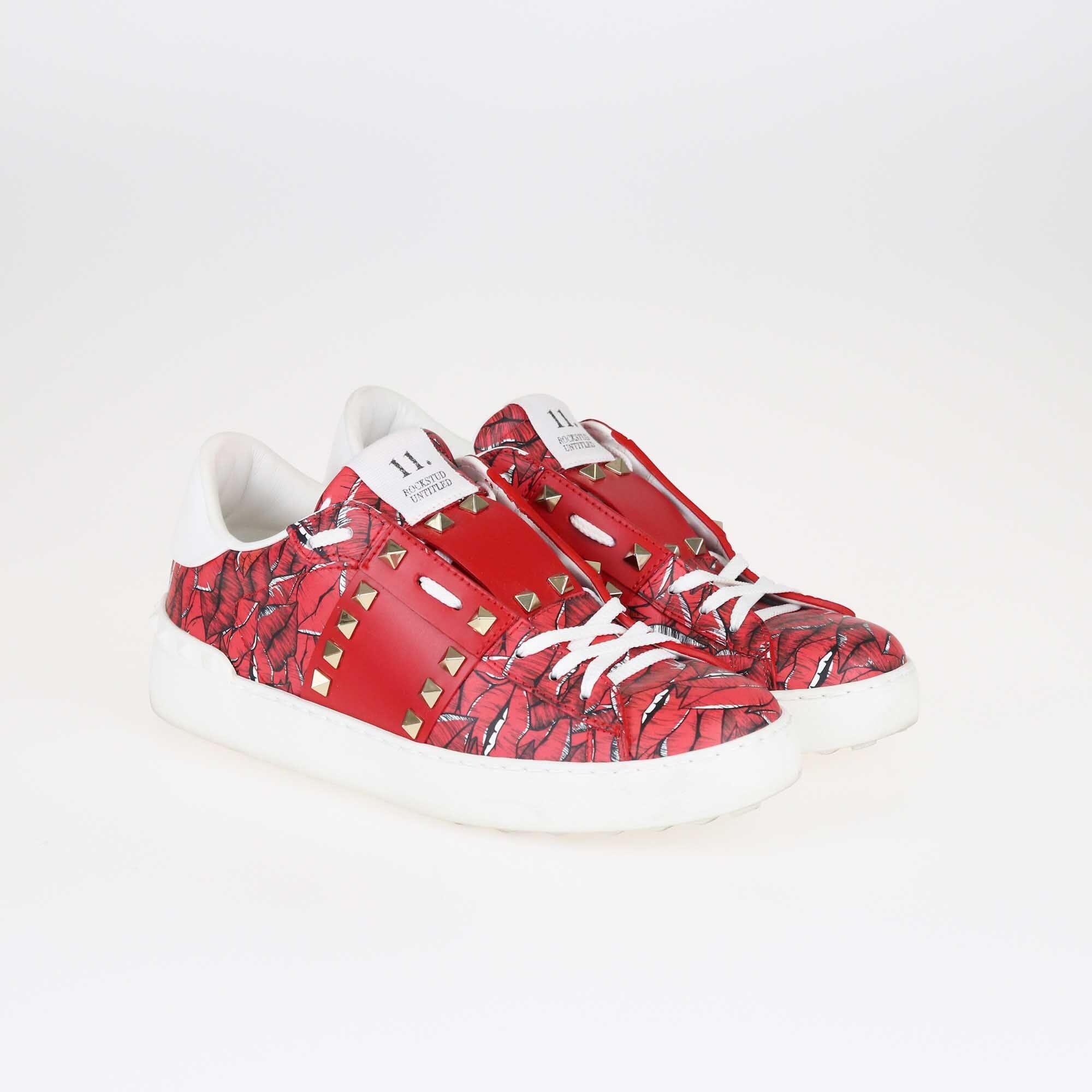 Valentino Red Printed Rockstud Low Top Sneakers Shoes Valentino 