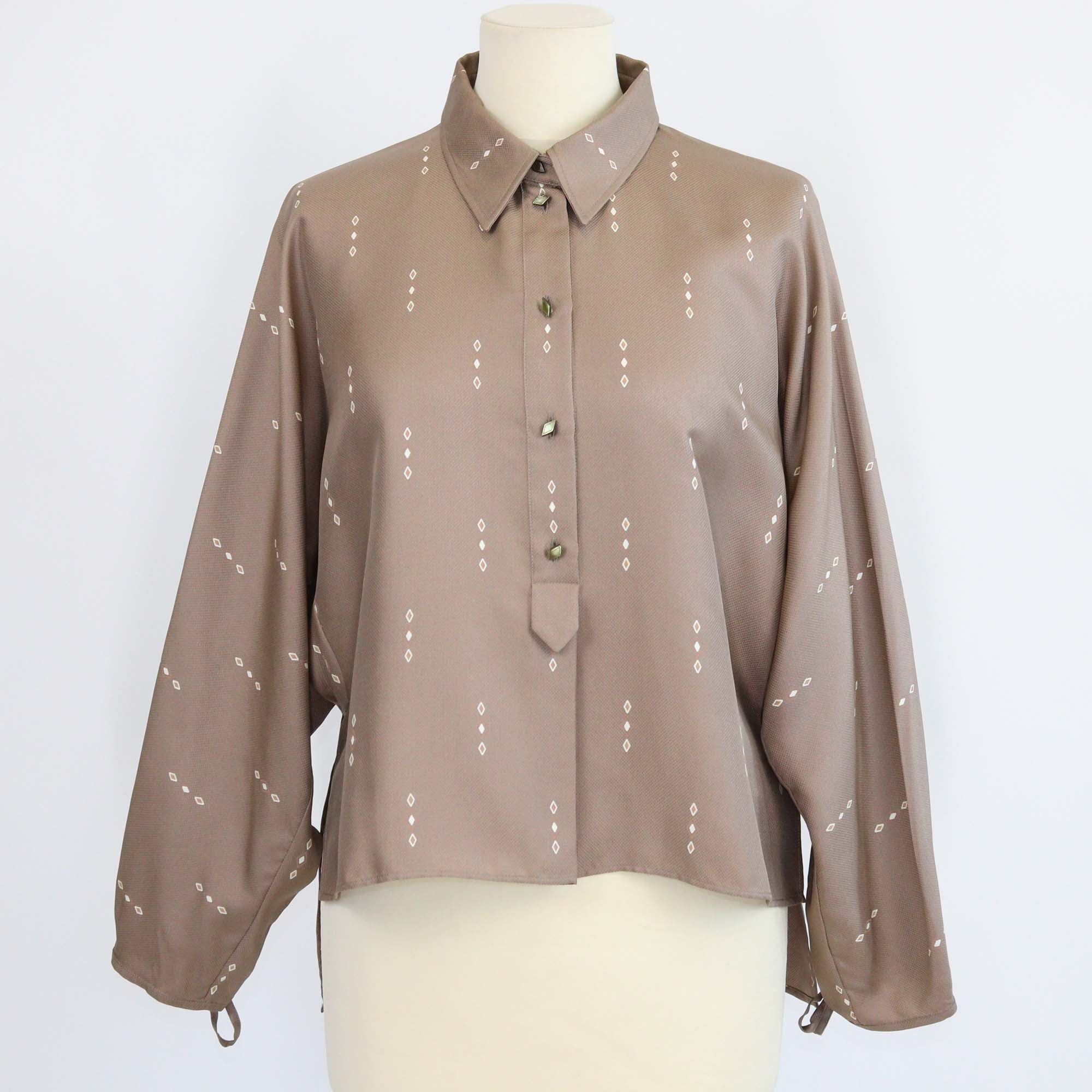 Hermes Grey Silk Losanges sur Faconne Crop Painter Shirt