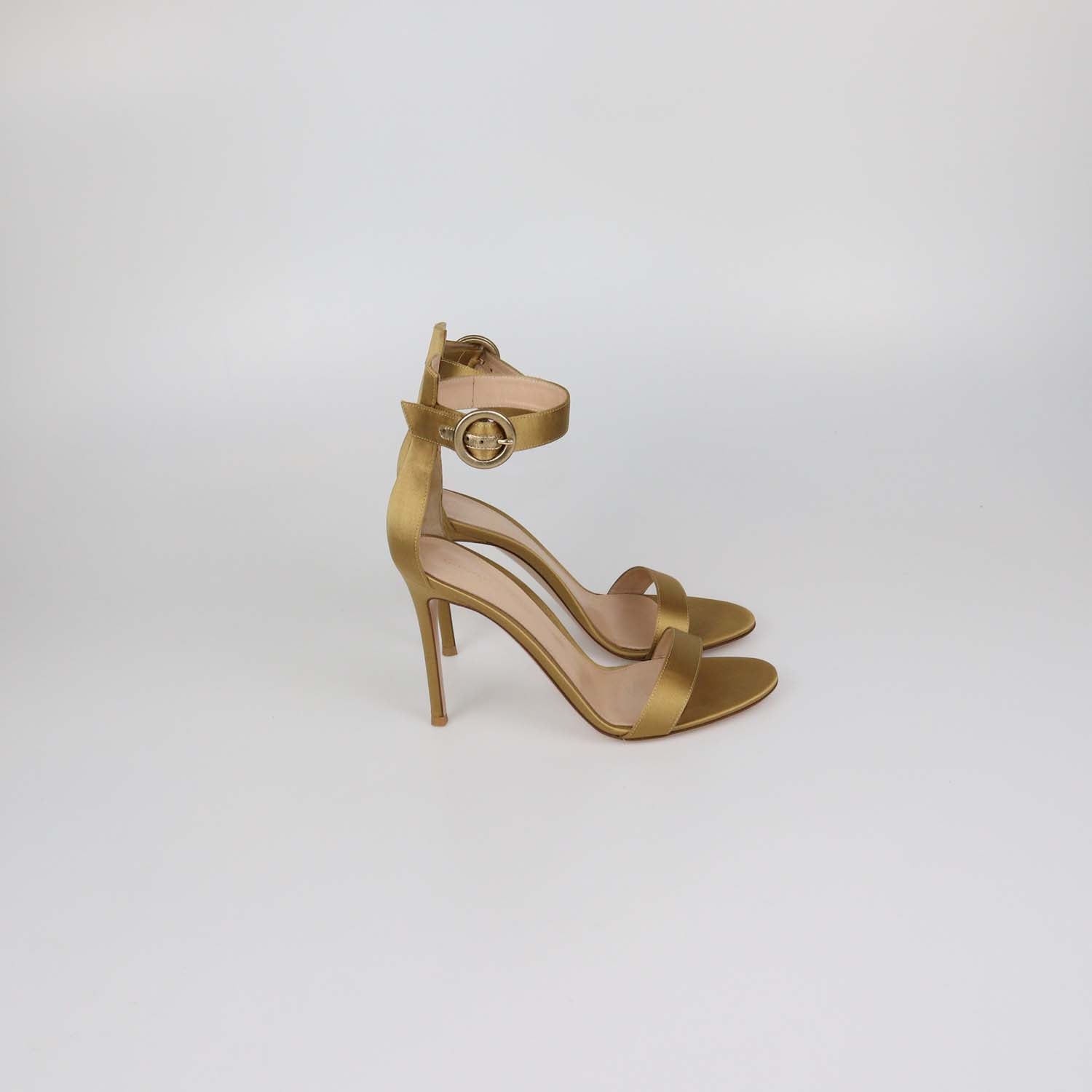 Gianvito Rossi Gold Satin Ankle Strap Open Toe Sandals