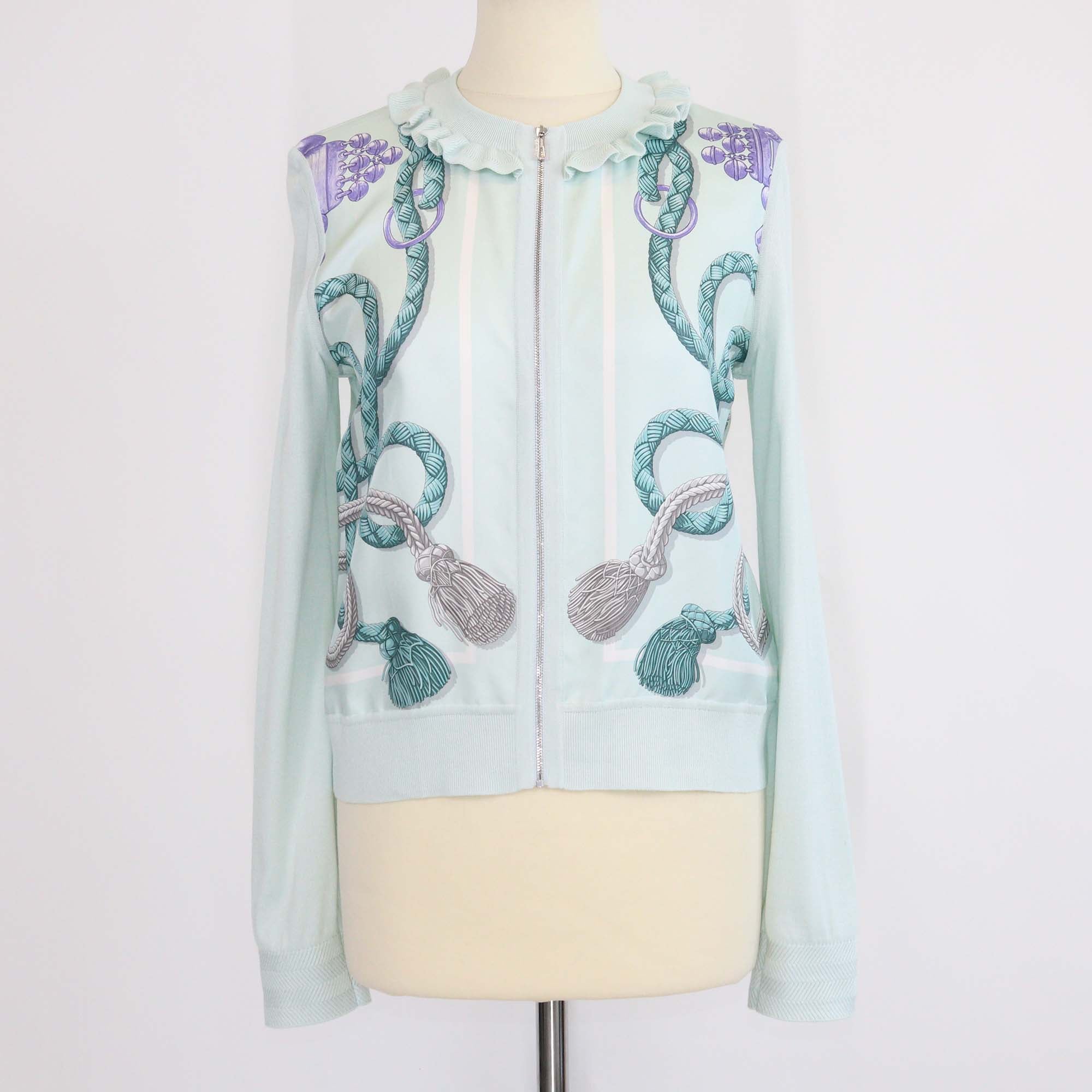 Hermes Mist Green Silk Palefroi Remix Long-Sleeve Cardigan