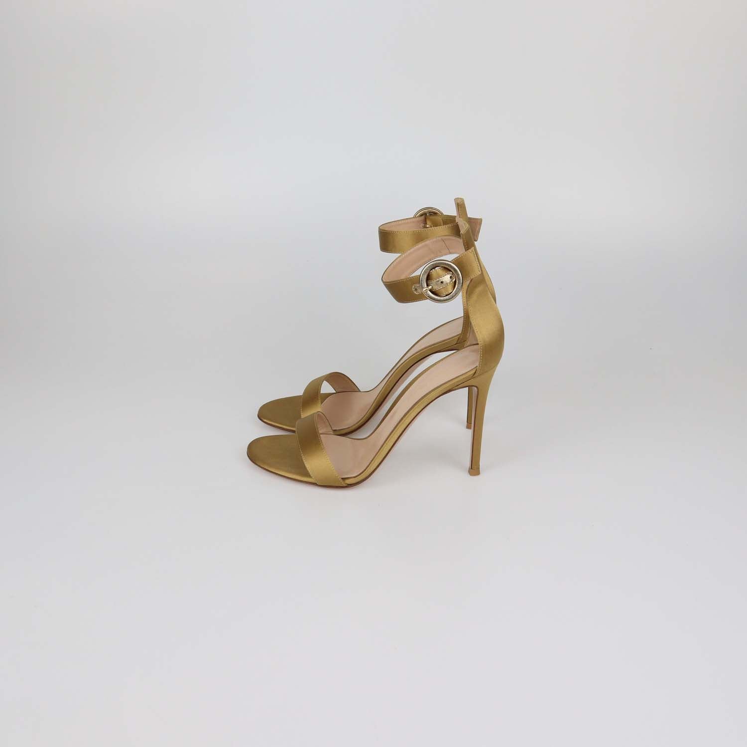 Gianvito Rossi Gold Satin Ankle Strap Open Toe Sandals