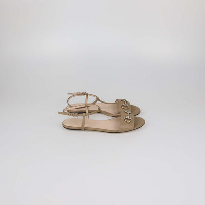 Gucci Beige Leather Horsebit T-Strap Flat Sandals