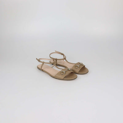 Gucci Beige Leather Horsebit T-Strap Flat Sandals