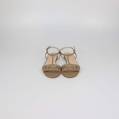 Gucci Beige Leather Horsebit T-Strap Flat Sandals