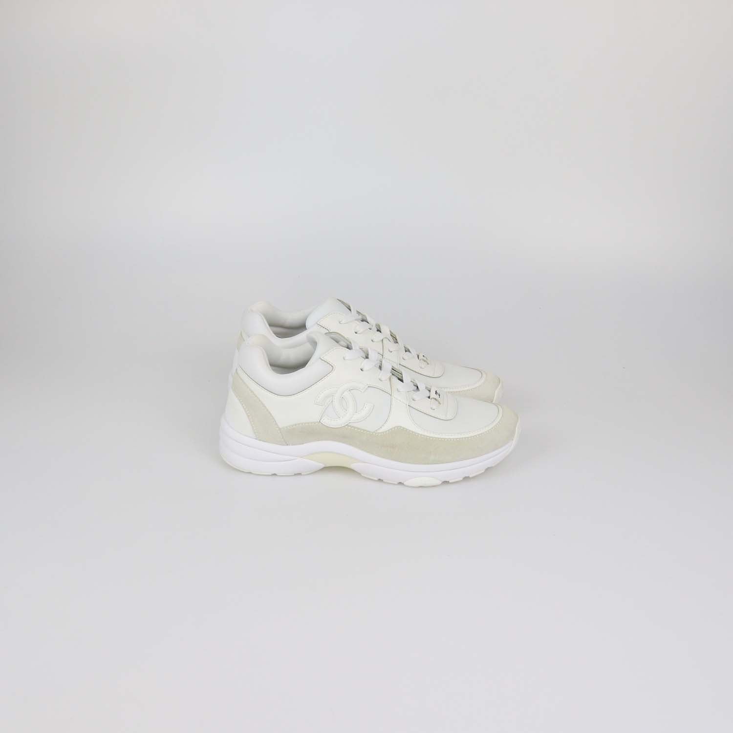 Chanel White, Grey Leather and Nylon CC Low Top Sneakers