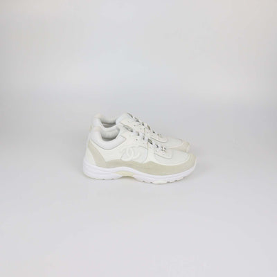 Chanel White, Grey Leather and Nylon CC Low Top Sneakers