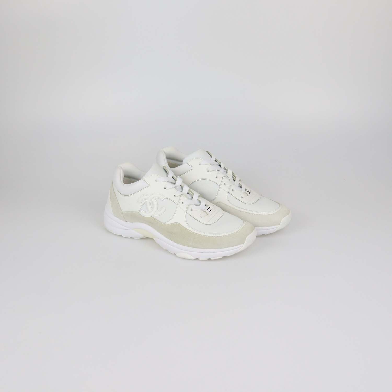Chanel White, Grey Leather and Nylon CC Low Top Sneakers