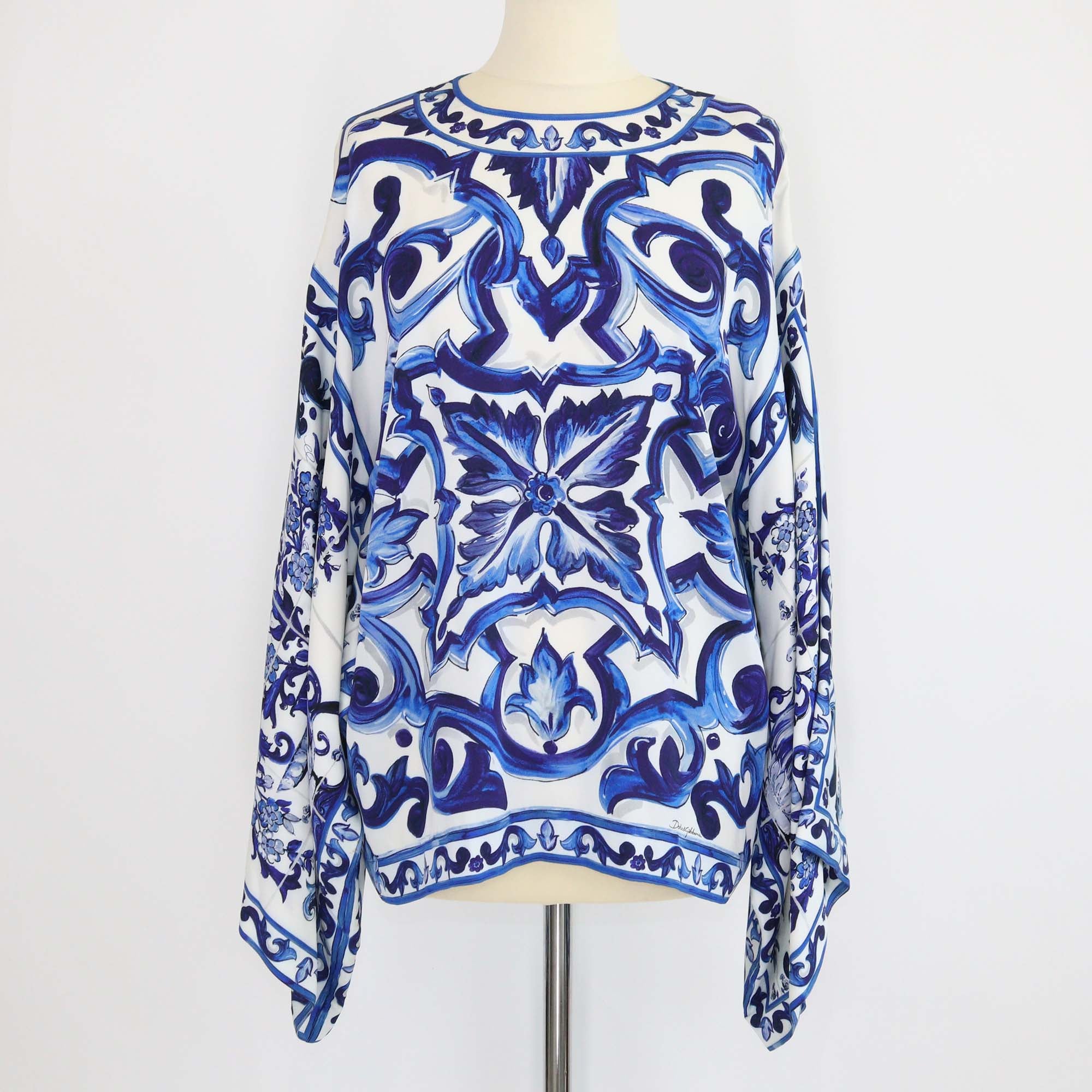 Dolce & Gabbana Blue/White Silk Majolica Print Charmeuse Blouse