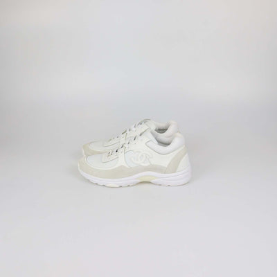 Chanel White, Grey Leather and Nylon CC Low Top Sneakers