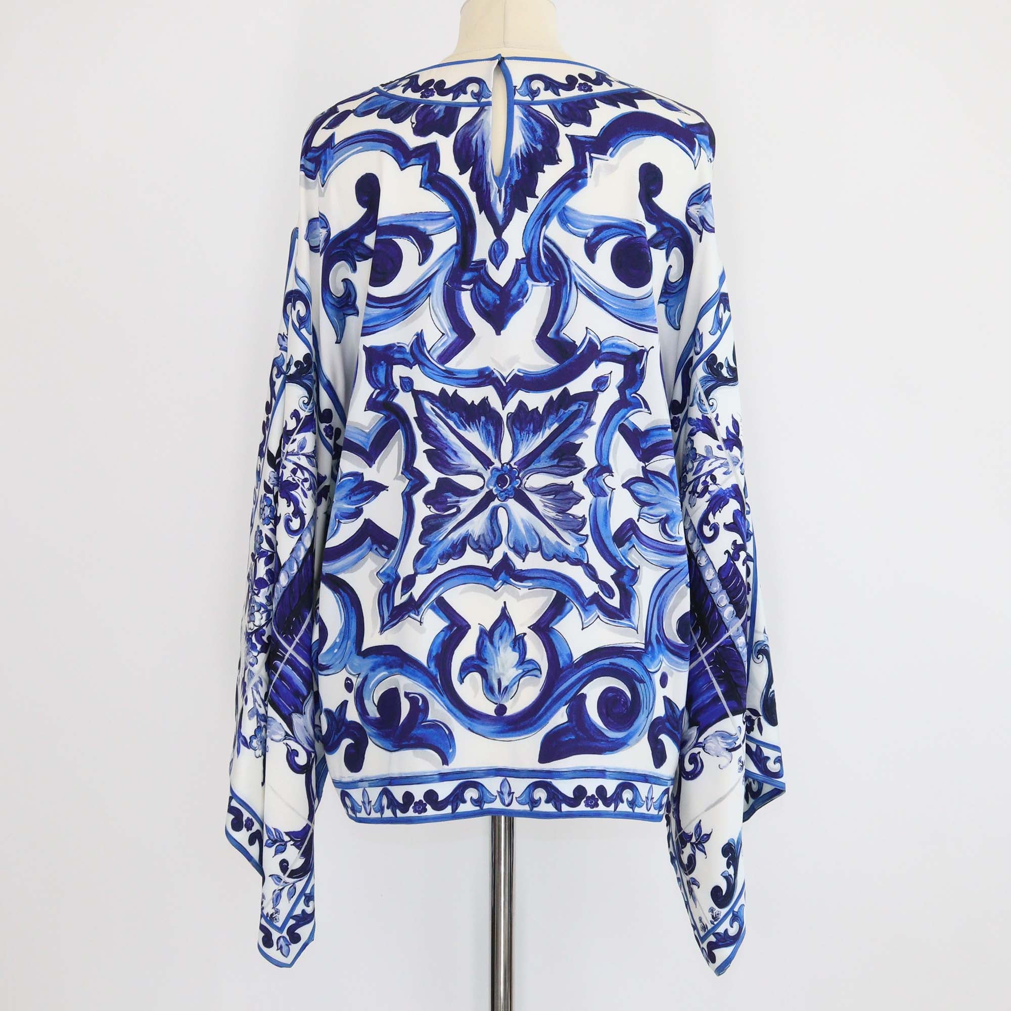 Dolce & Gabbana Blue/White Silk Majolica Print Charmeuse Blouse