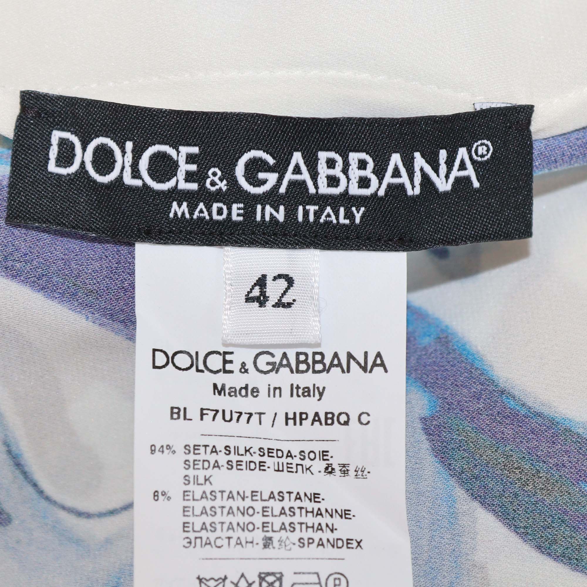 Dolce & Gabbana Blue/White Silk Majolica Print Charmeuse Blouse