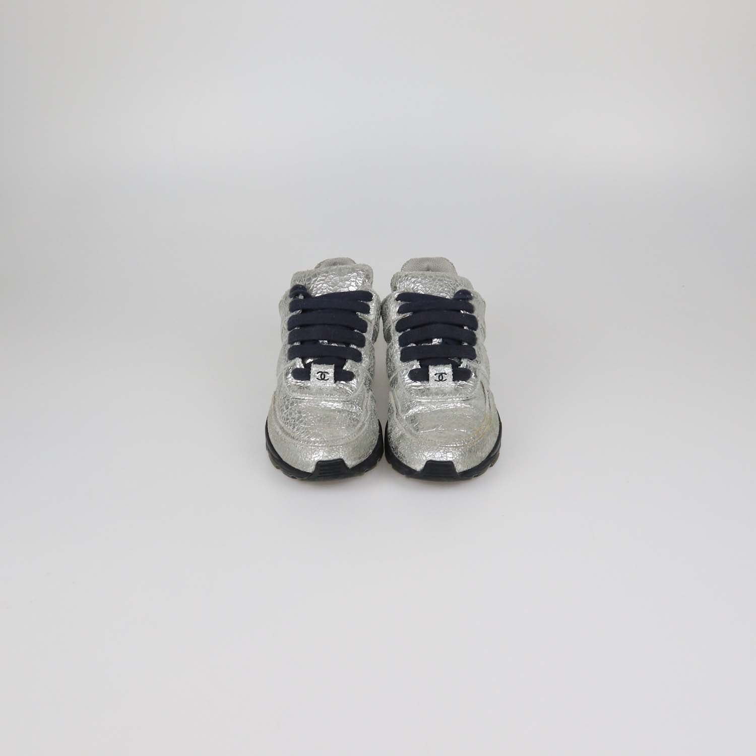 Chanel Silver Crackled Effect Suede Trainer Sneaker