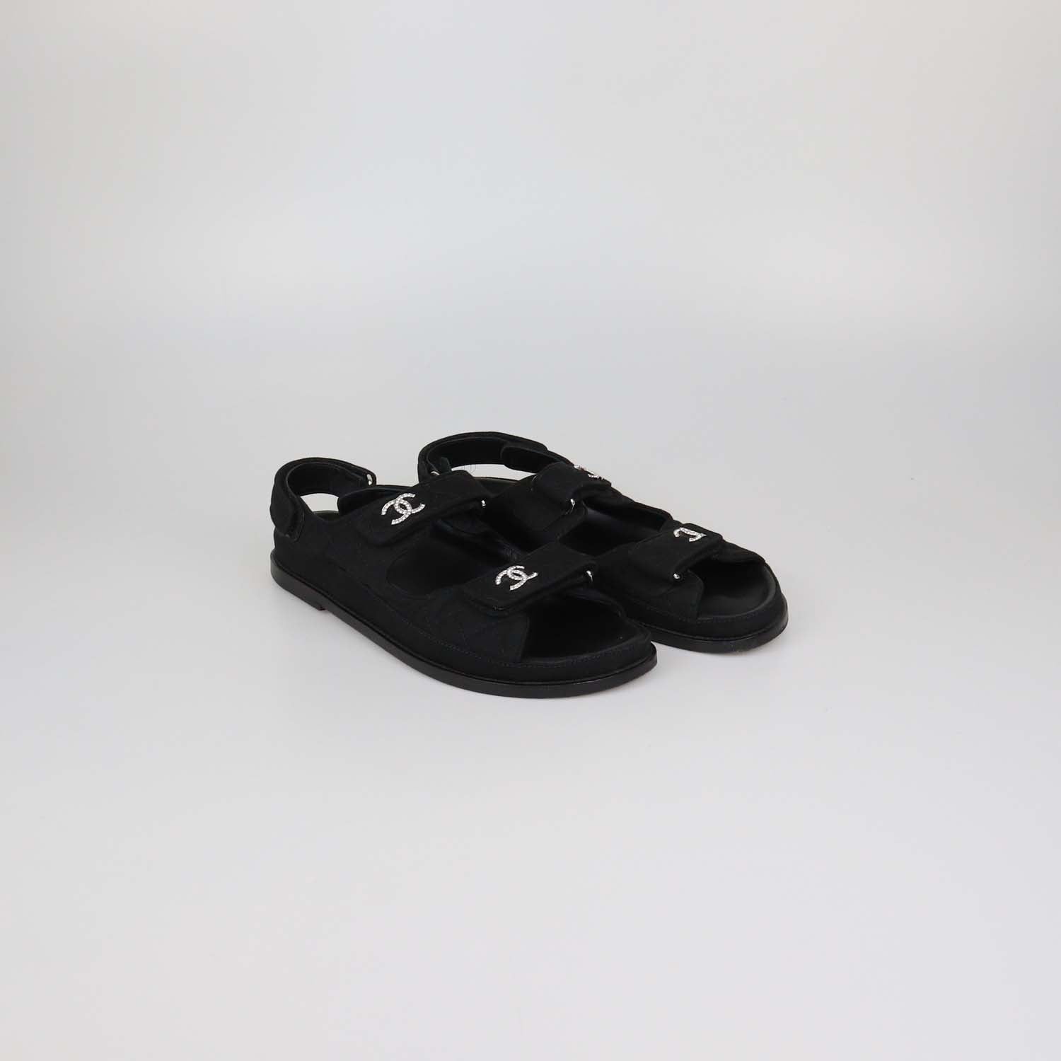 Chanel Black Quilted Fabric Crystal CC Dad Sandals