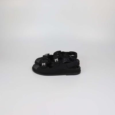 Chanel Black Quilted Fabric Crystal CC Dad Sandals