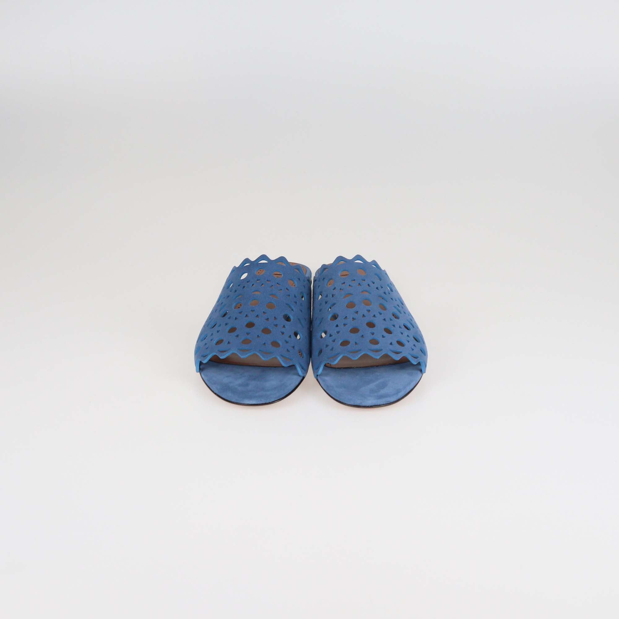 Alaia Blue Denim Laser Cut Suede Vienne Mules Flat
