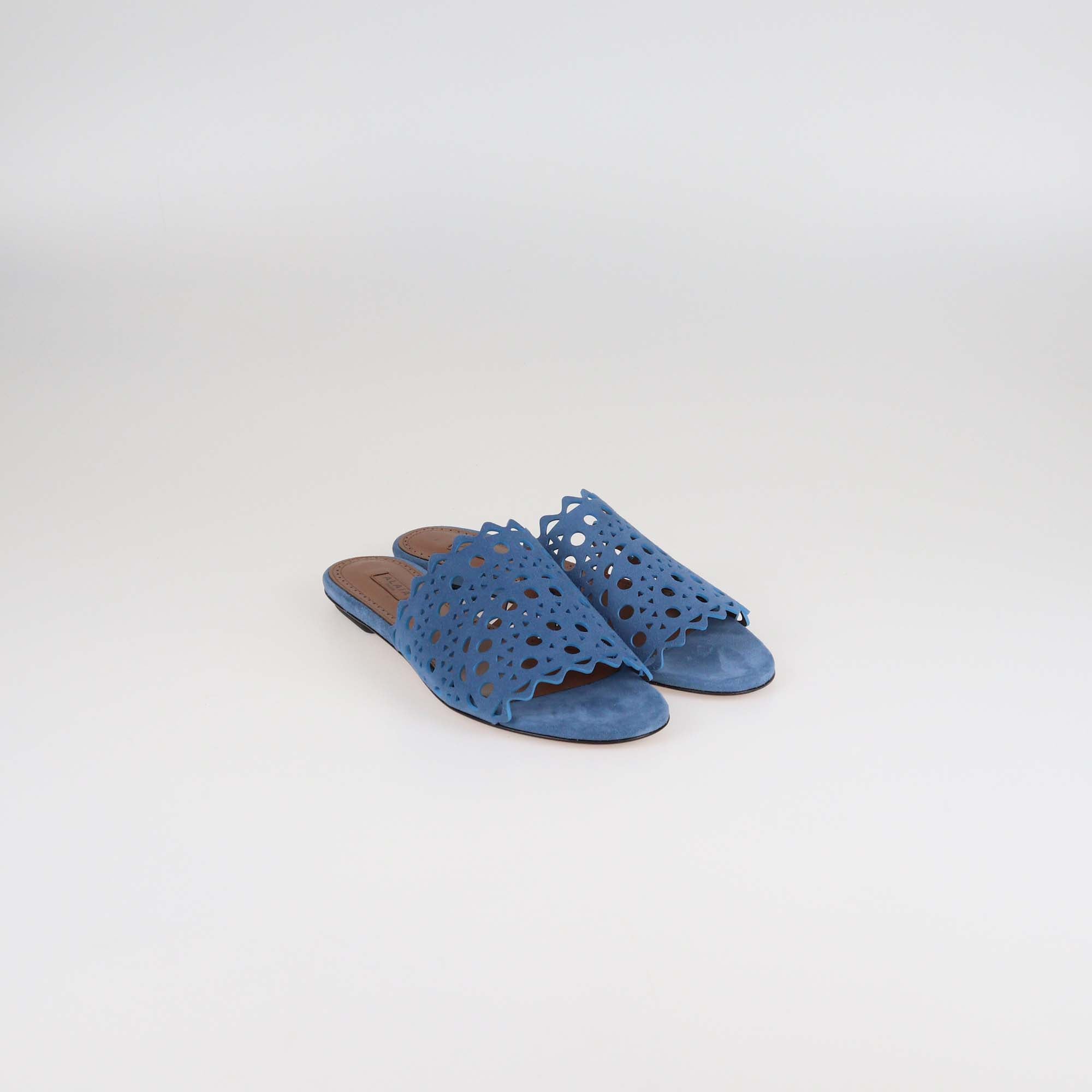 Alaia Blue Denim Laser Cut Suede Vienne Mules Flat