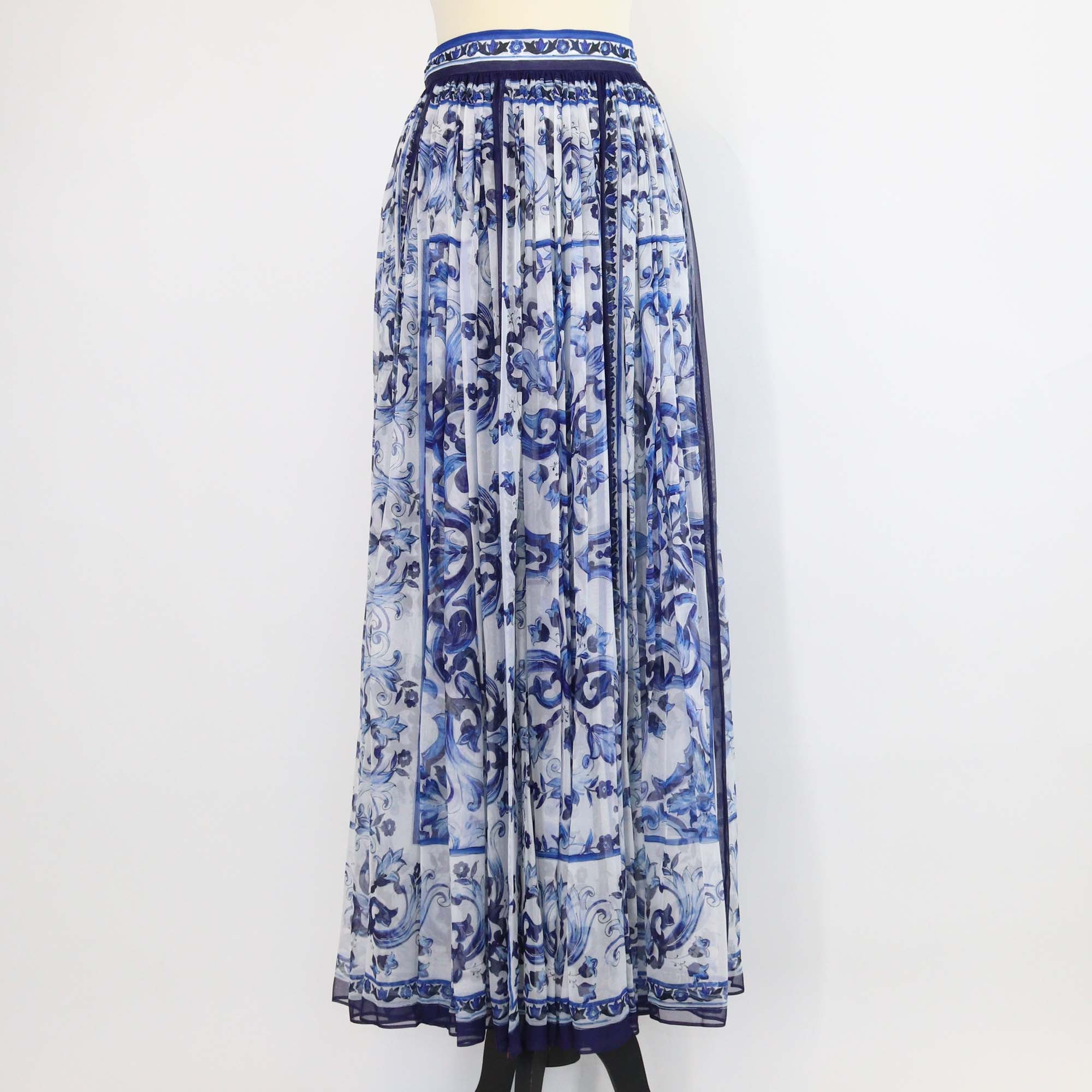 Dolce & Gabbana Blue/White Silk Long Majolica Print Chiffon Skirt