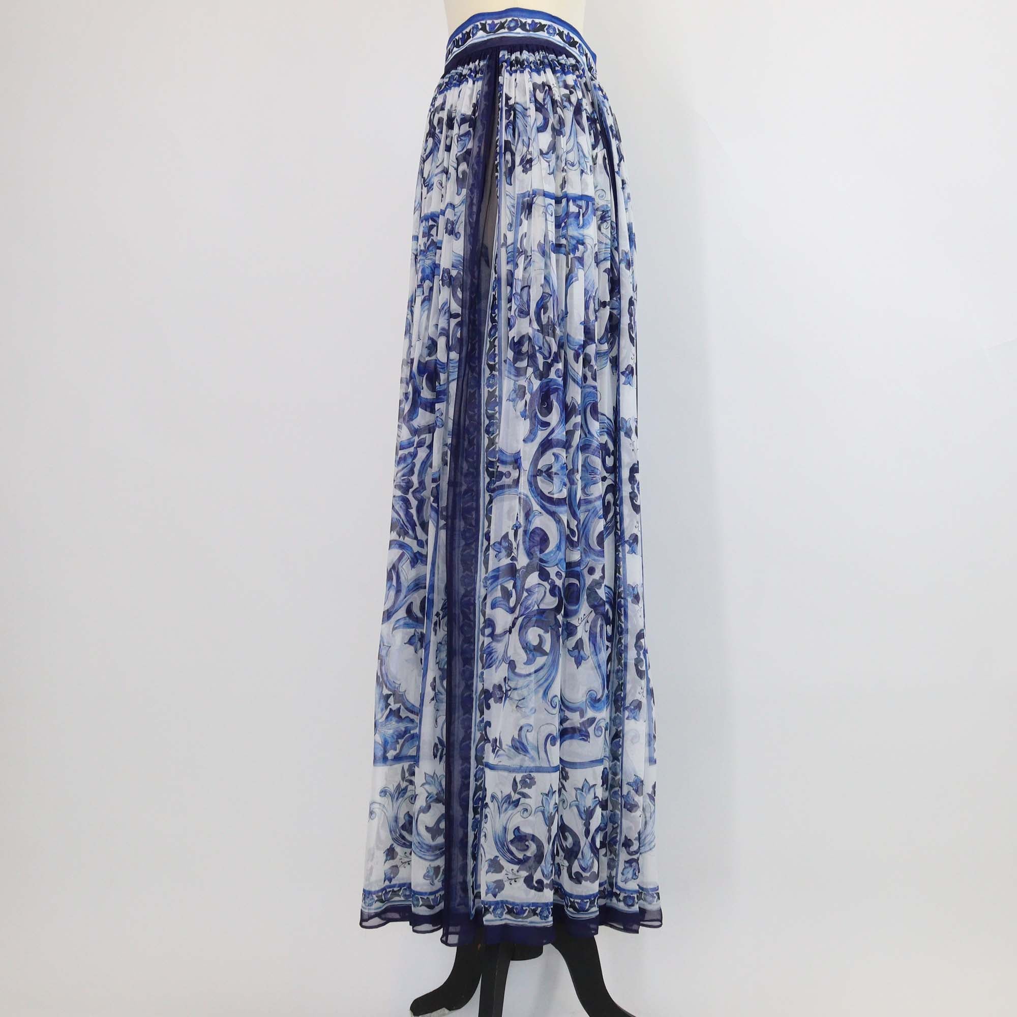 Dolce & Gabbana Blue/White Silk Long Majolica Print Chiffon Skirt