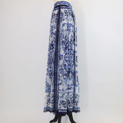 Dolce & Gabbana Blue/White Silk Long Majolica Print Chiffon Skirt