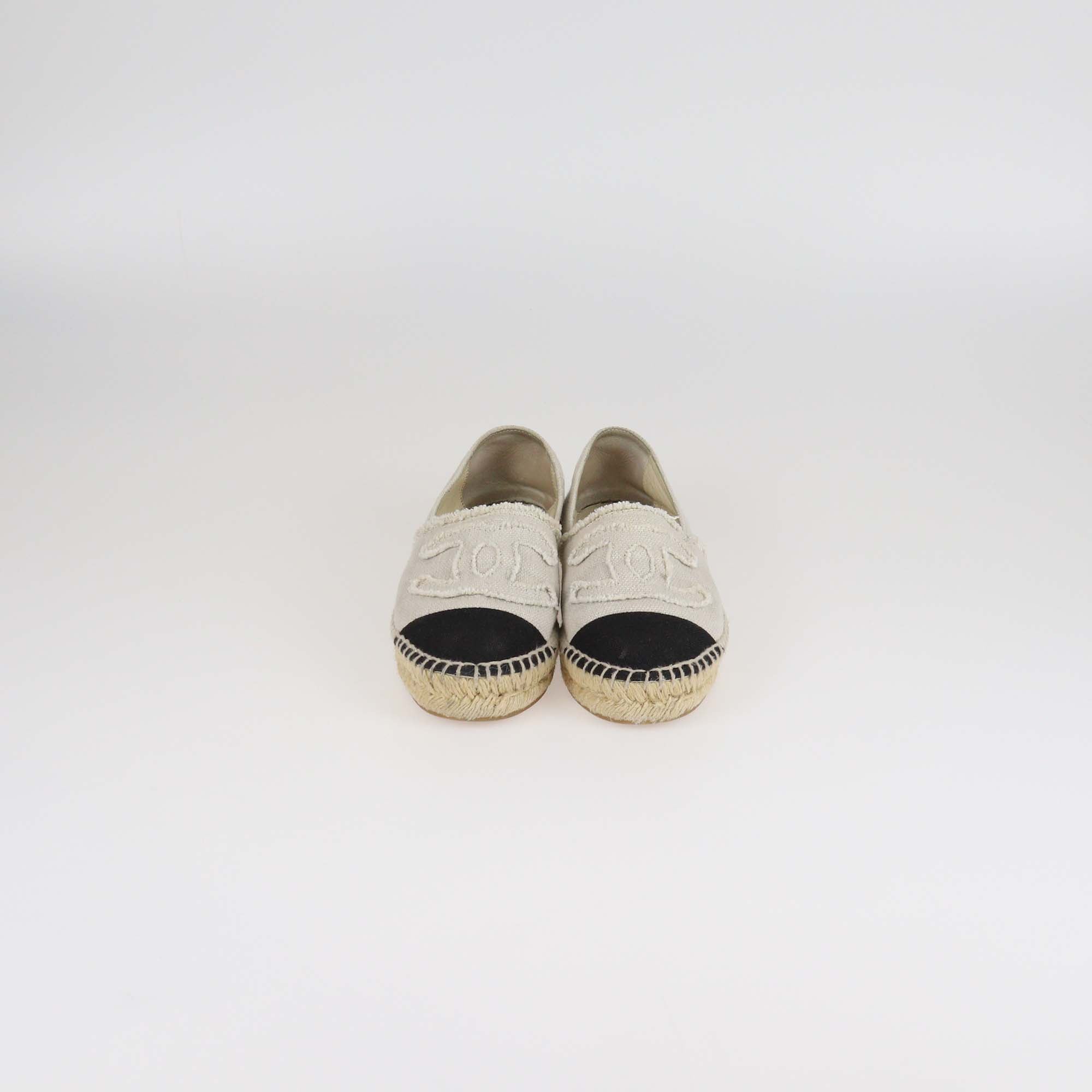 Chanel Off White/Black Canvas Espadrille CC Cap Toe Flats