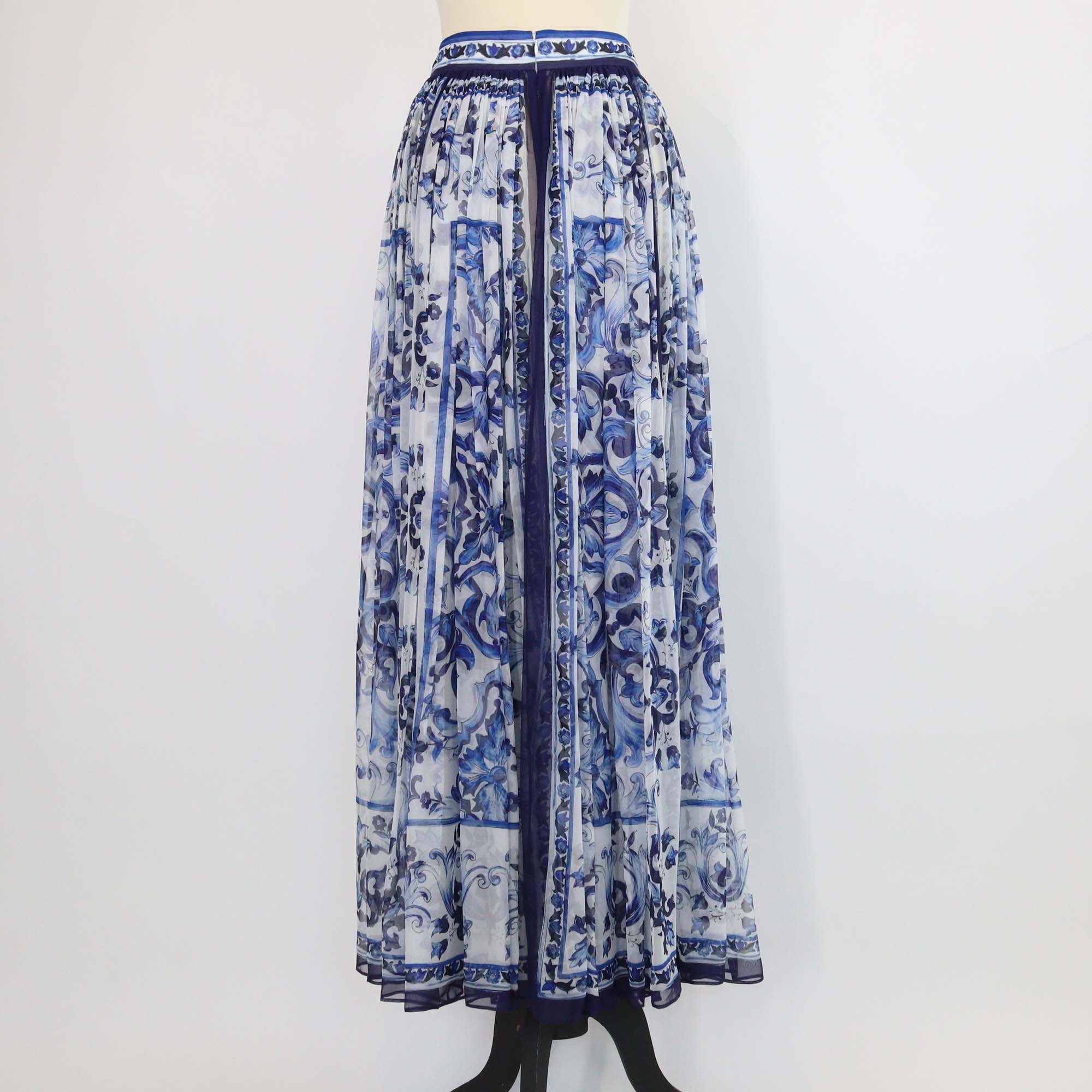 Dolce & Gabbana Blue/White Silk Long Majolica Print Chiffon Skirt