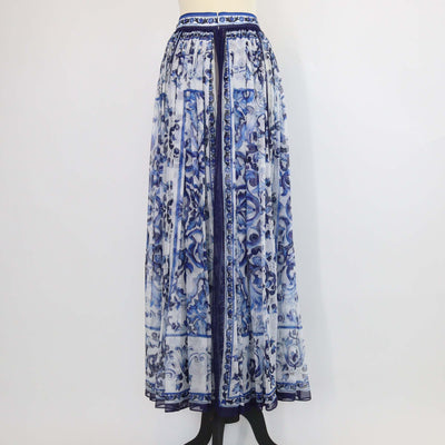 Dolce & Gabbana Blue/White Silk Long Majolica Print Chiffon Skirt