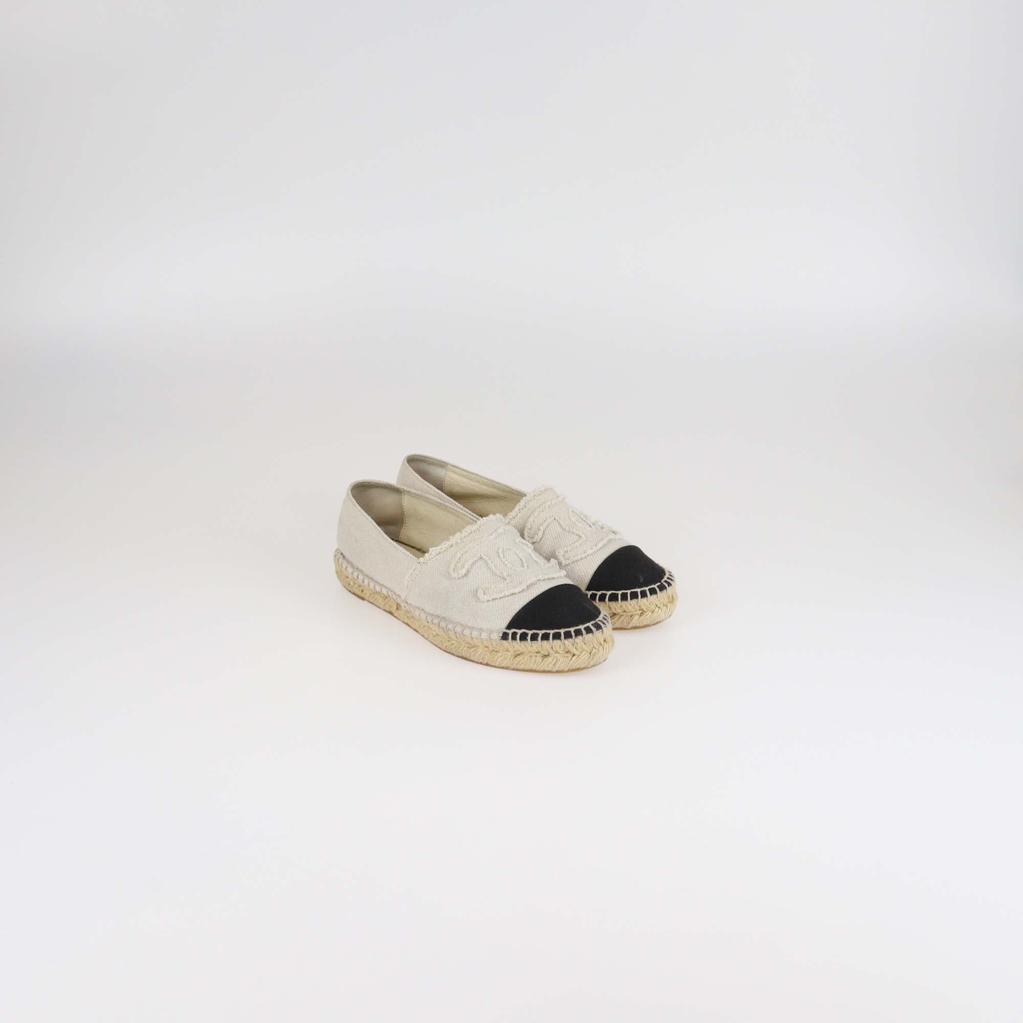 Chanel Off White/Black Canvas Espadrille CC Cap Toe Flats