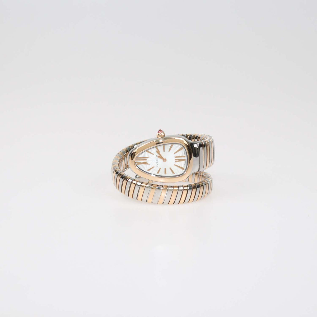 Bvlgari White Opaline Guilloché Soleil Dial 18K Rose Gold Stainless Steel Serpenti Tubogas Watch 35 mm